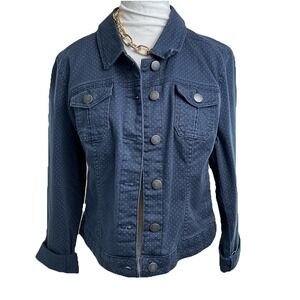 Elle‎ Denim Trucker Jacket Blue White Polka Dot Size Large